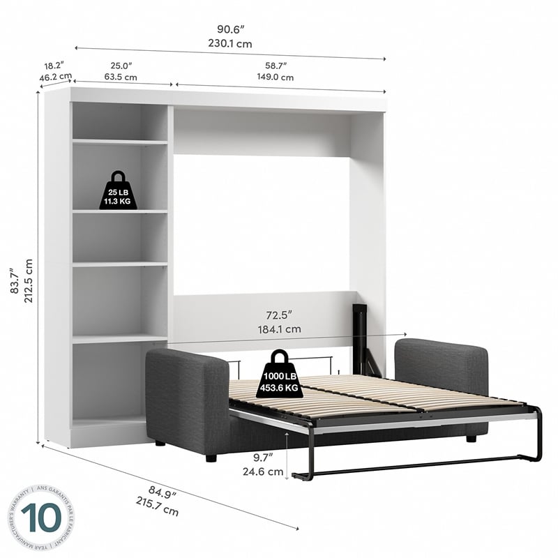 Bestar Pur Full Murphy Bed with Sofa and Shelving Unit (90W) in White