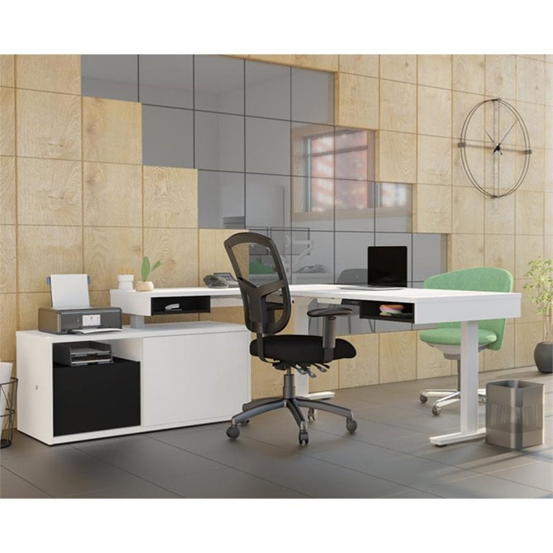 Bestar Pro-Vega L Shaped Adjustable Standing Desk with Credenza in White