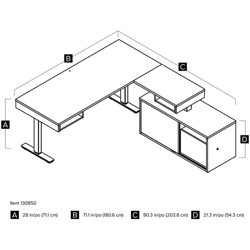 Bestar Pro-Vega L Shaped Adjustable Standing Desk with Credenza in White