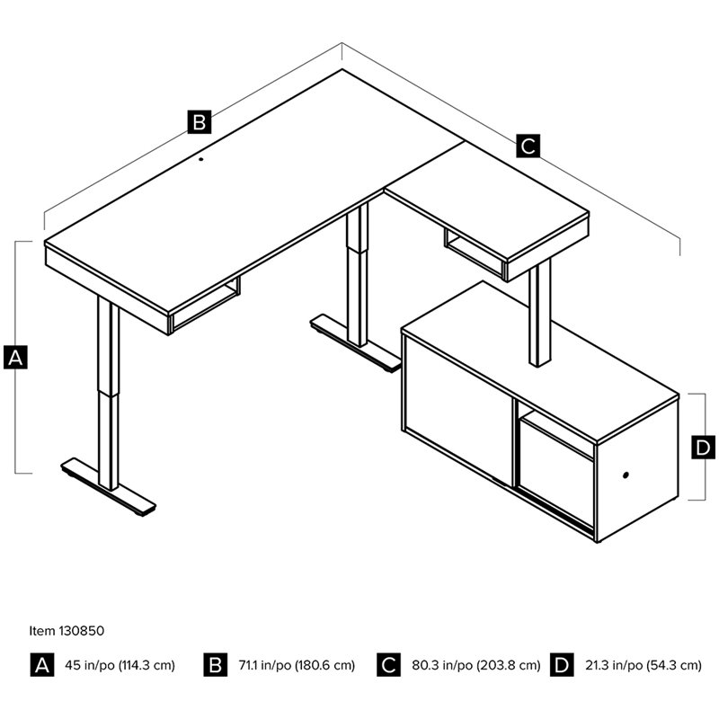 Bestar Pro-Vega L Shaped Adjustable Standing Desk with Credenza in White