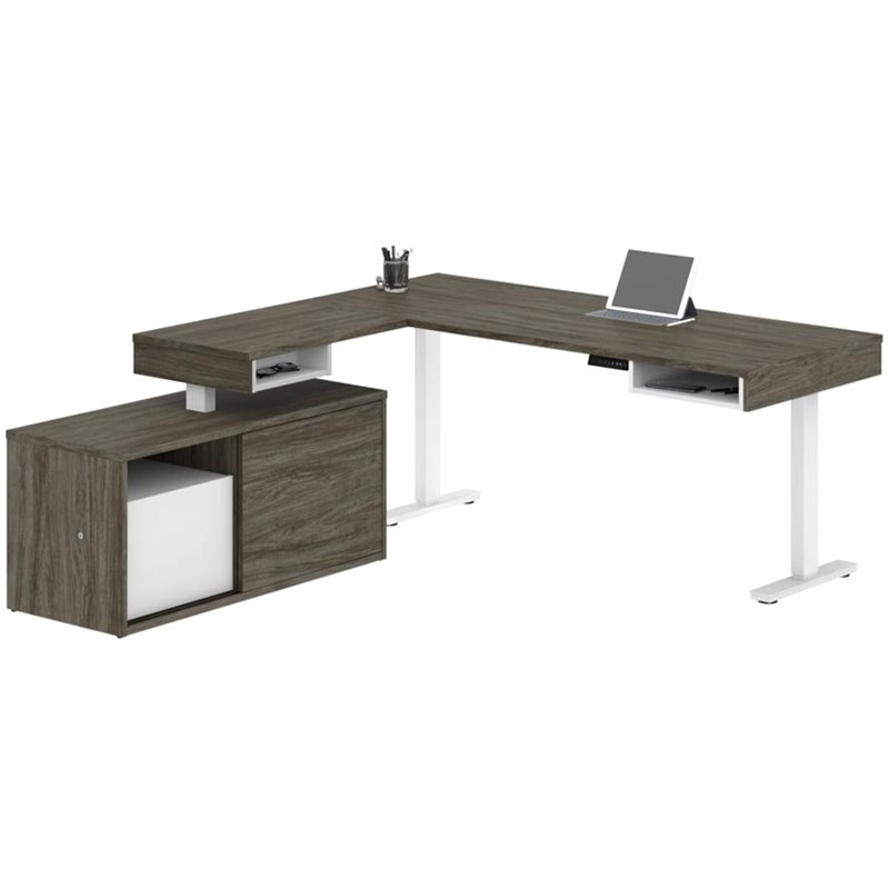 Bestar Pro Vega L Shaped Adjustable Standing Desk With Credenza In