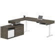 Bestar Pro-Vega L Shaped Adjustable Standing Desk with Credenza in Walnut Gray