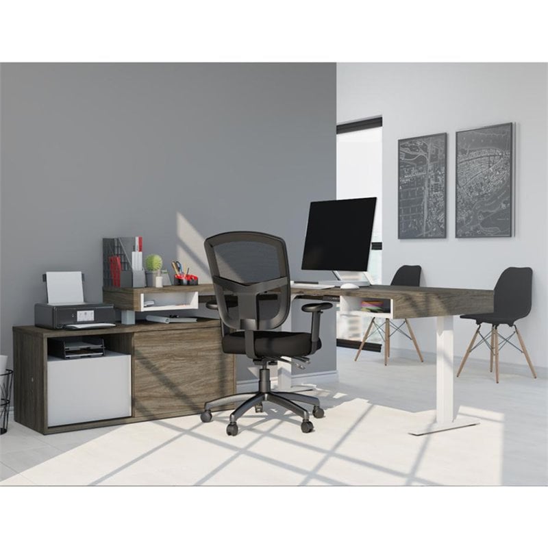 Bestar Pro-Vega L Shaped Adjustable Standing Desk with Credenza in Walnut Gray