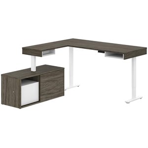 bestar pro-vega l shaped adjustable standing desk with credenza in walnut gray