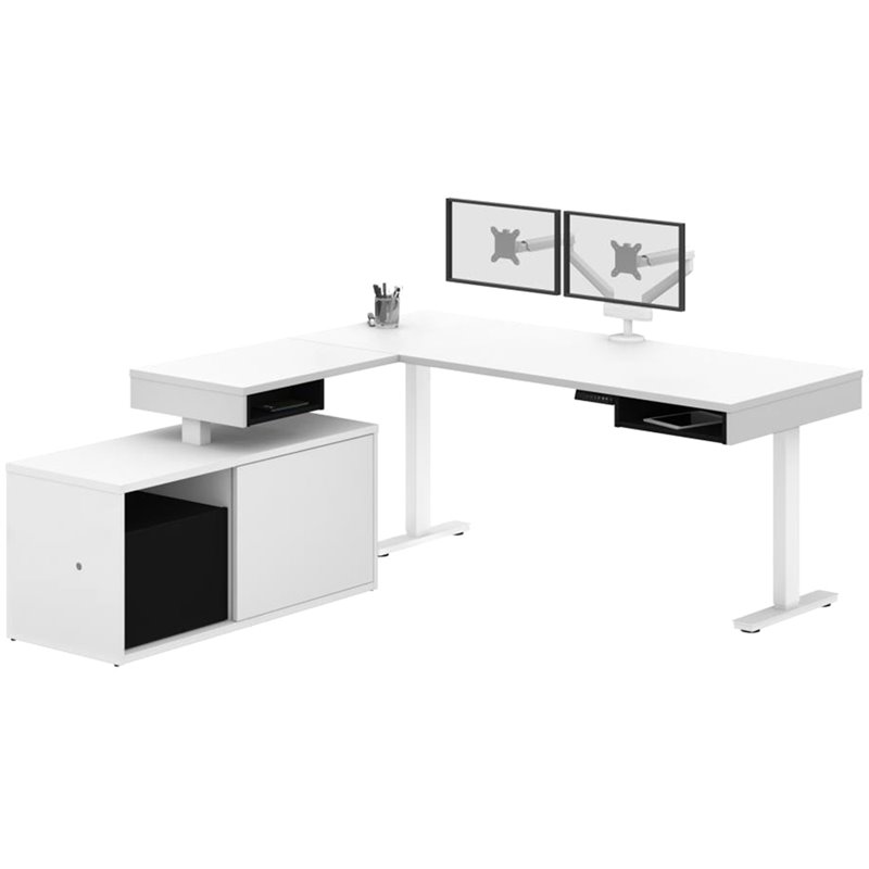 Bestar Pro-Vega L Shaped Adjustable Standing Desk with Credenza and Monitor Arms