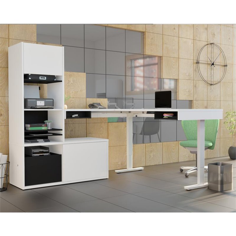 Bestar ProVega L Shaped Adjustable Standing Desk with Tower Credenza