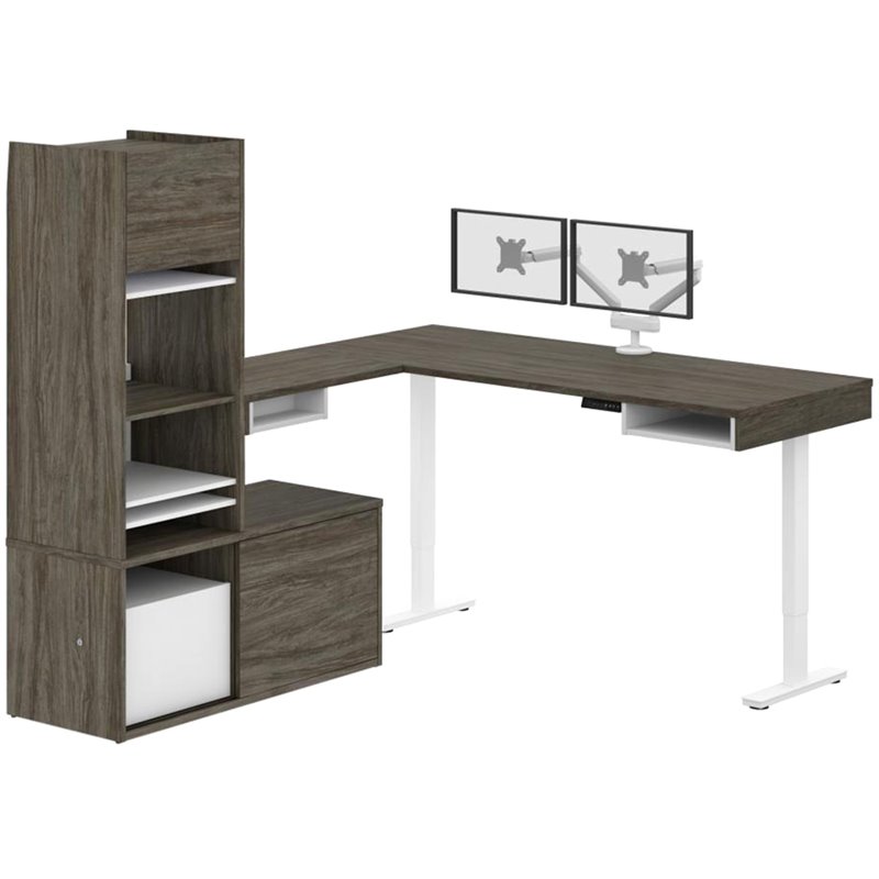 Bestar ProVega 4 Piece L Shaped Adjustable Standing Desk Set in Walnut