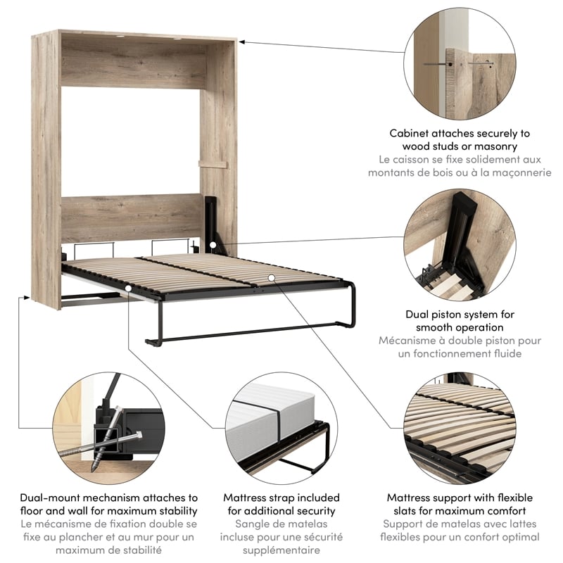 Cielo 60W Full Murphy Bed in Bark Gray and White - Engineered Wood
