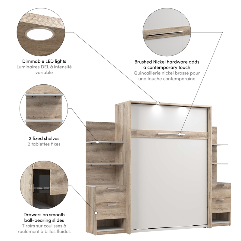 Cielo Full Murphy Bed with Nightstands in Rustic Brown/White - Engineered Wood