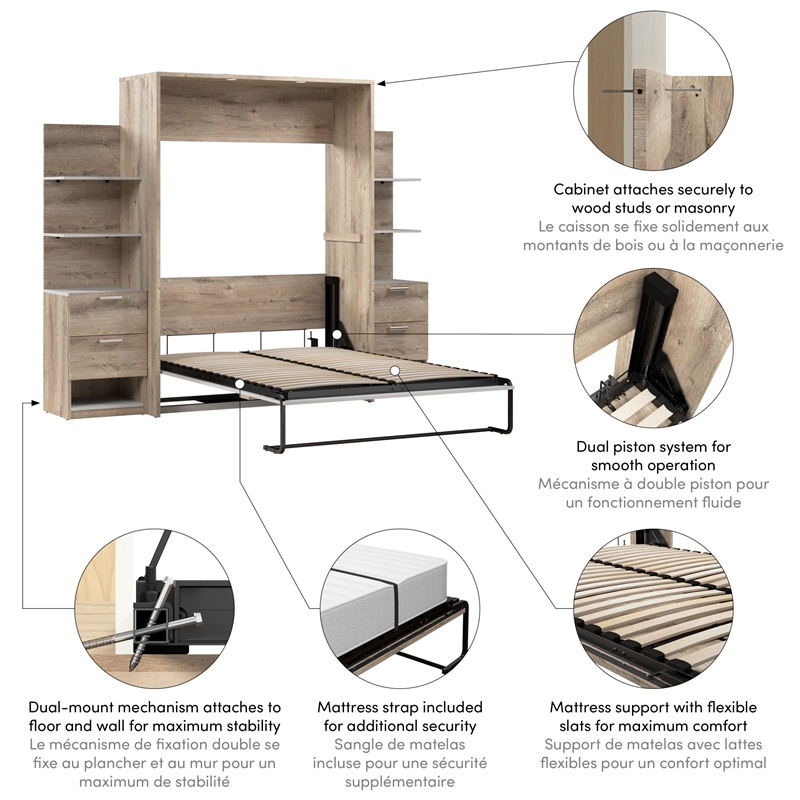 Cielo Full Murphy Bed with Nightstands in Rustic Brown/White - Engineered Wood