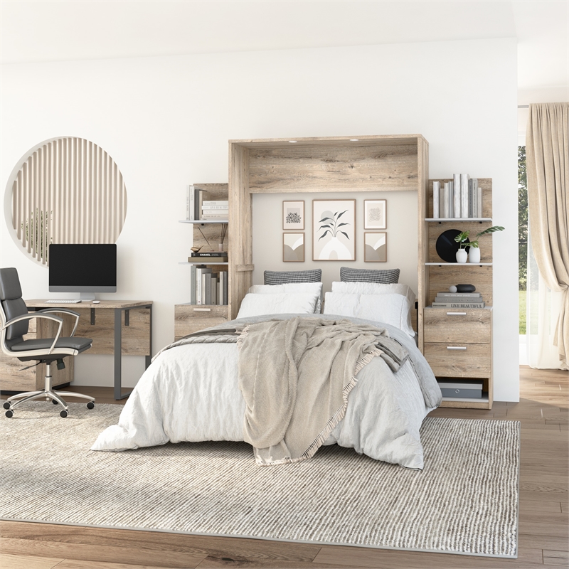 Cielo Full Murphy Bed with Nightstands in Rustic Brown/White - Engineered Wood