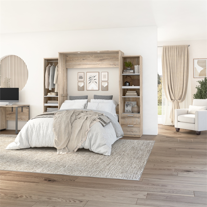 Cielo Queen Murphy Bed and Narrow Storage in Brown White Engineered Wood BushFurnitureCollection