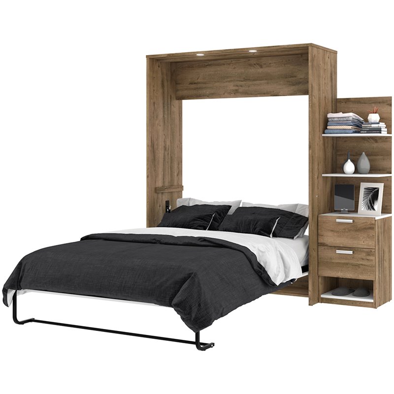 Bestar Cielo Elite 2 Piece Queen Wall Bed in Rustic Brown and White
