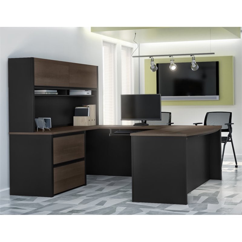 Bestar Connexion 6 Piece U Shaped Computer Desk with Hutch in Antigua and Black
