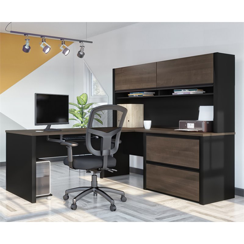 Bestar Connexion 5 Piece L Shaped Computer Desk with Hutch in Antigua and Black