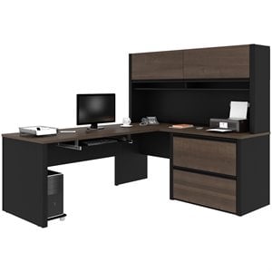 bestar connexion 5 piece l shaped computer desk with hutch in antigua and black