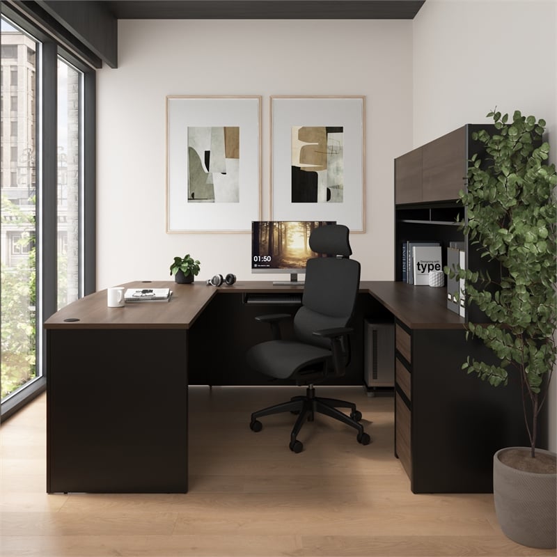 Connexion U Shaped Desk with Hutch in Antigua and Black - Engineered Wood