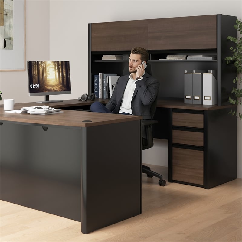 Connexion U Shaped Desk with Hutch in Antigua and Black - Engineered Wood