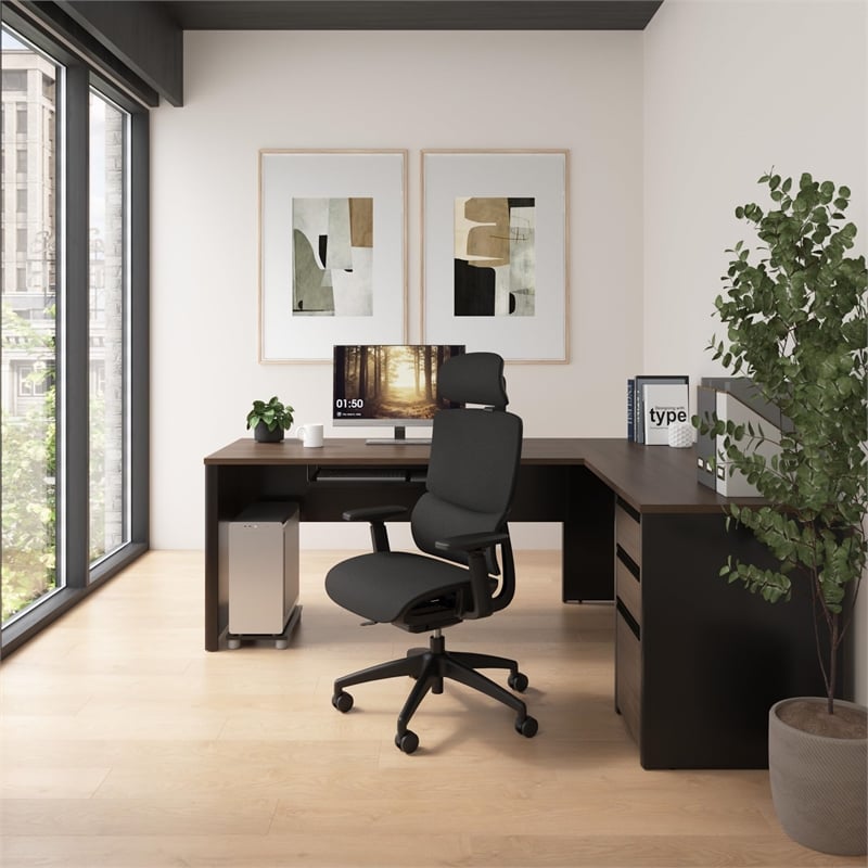 Connexion L Shaped Desk with Drawers in Antigua and Black - Engineered Wood