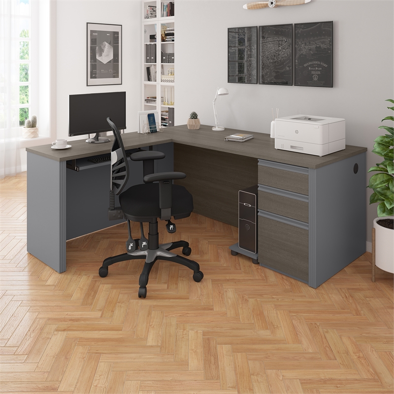 Bestar Prestige Plus 4 Piece L Shaped Computer Desk in Bark Gray and Slate