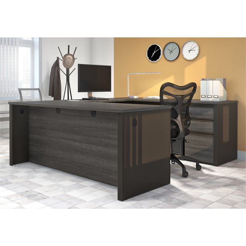 Bestar Prestige Plus 5 Piece U Shaped Computer Desk in Bark Gray and Slate