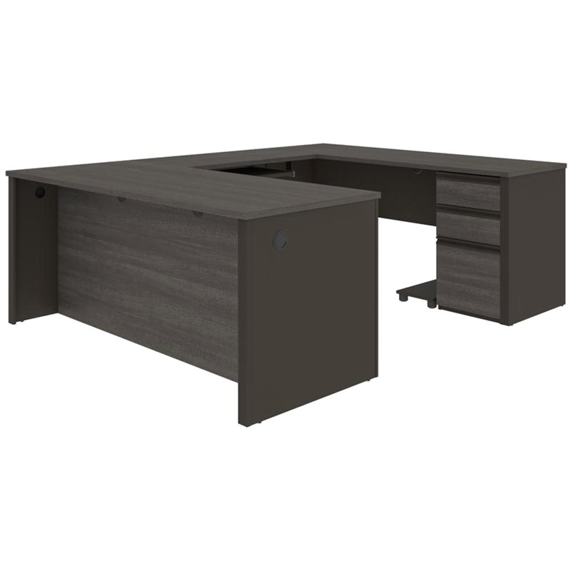 Bestar Prestige Plus 5 Piece U Shaped Computer Desk in Bark Gray and Slate