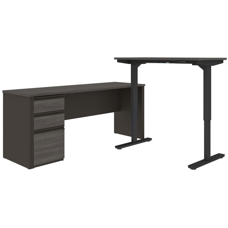 Bestar Prestige Plus 3 Piece Standing Desk Set in Bark Gray and Slate