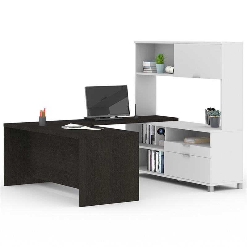 Bestar Pro Linea U Shaped Writing Desk With Hutch In White And