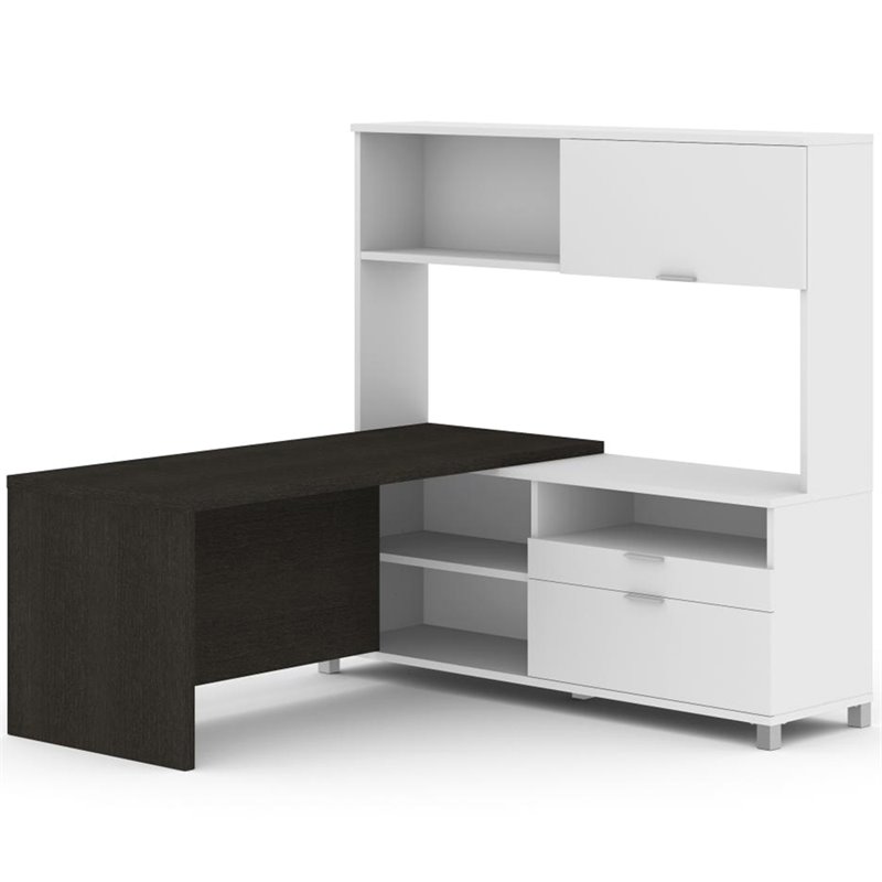 Bestar ProLinea L Shaped Writing Desk with Hutch in White and Deep