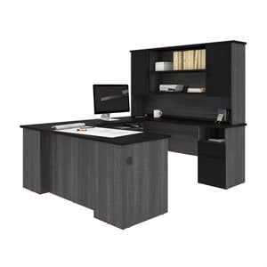 bestar norma u shaped computer desk with hutch in black and bark gray