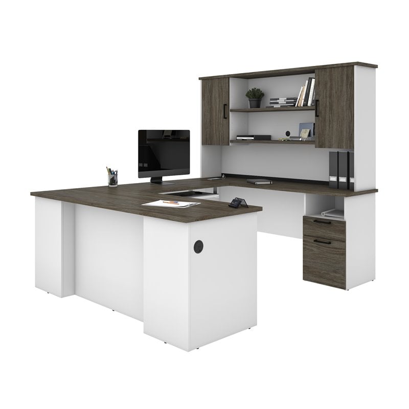 Bestar Norma U Shaped Computer Desk With Hutch In Walnut Gray And