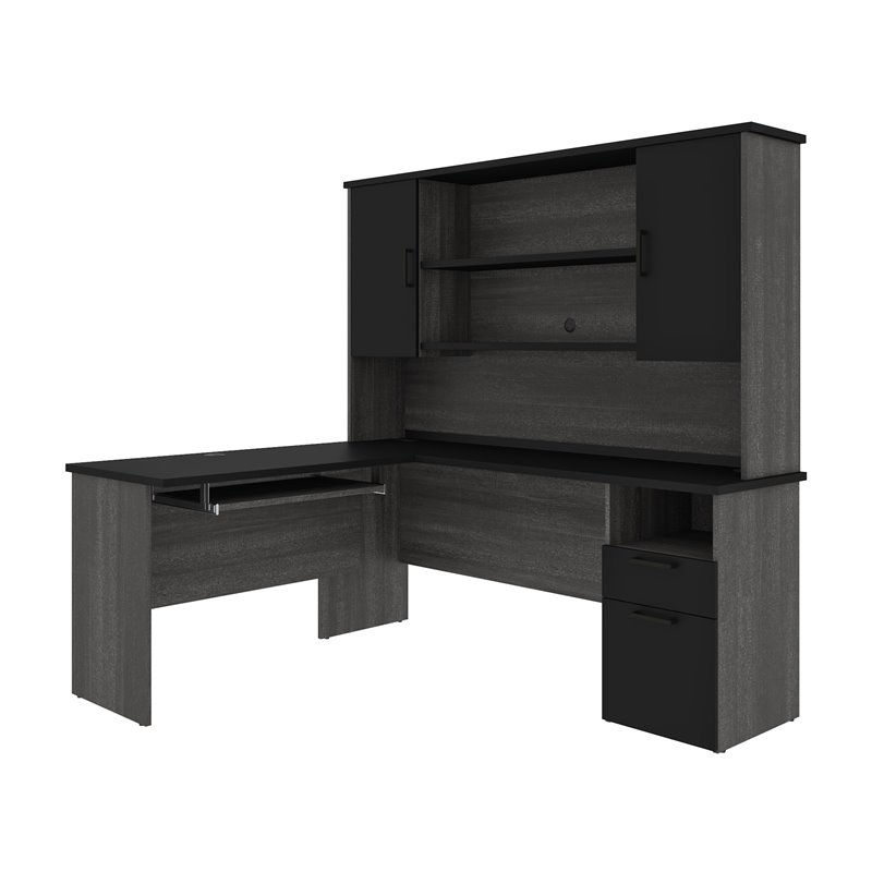 Bestar Norma L Shaped Computer Desk with Hutch in Black and Bark Gray