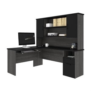 bestar norma l shaped computer desk with hutch in black and bark gray