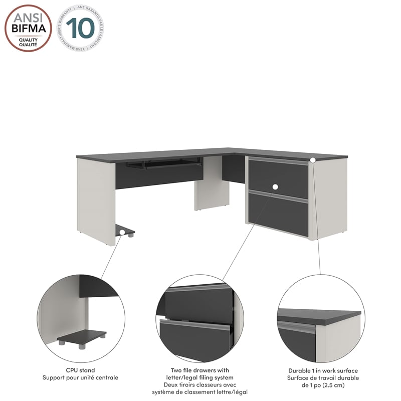 Bestar Connexion L-Shaped Desk with 1 Oversized Pedestal in Sandstone & Slate