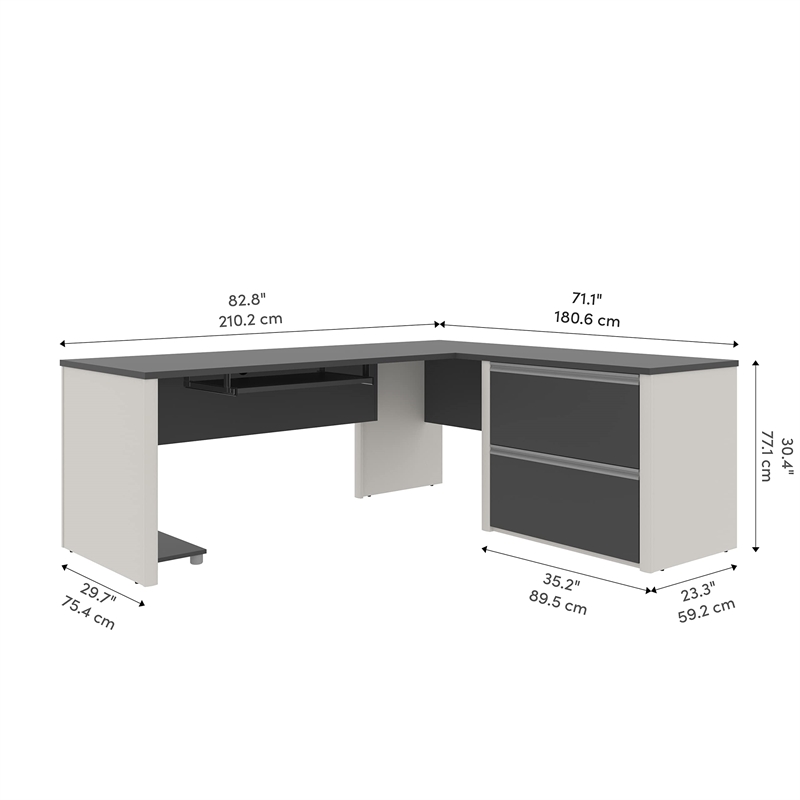Bestar Connexion L-Shaped Desk with 1 Oversized Pedestal in Sandstone & Slate