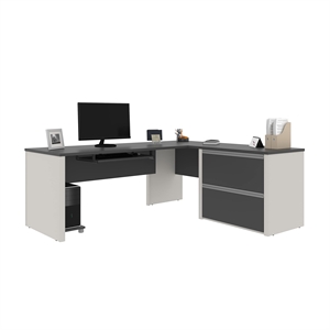 Bestar Connexion L-Shaped Desk with 1 Oversized Pedestal in Sandstone & Slate