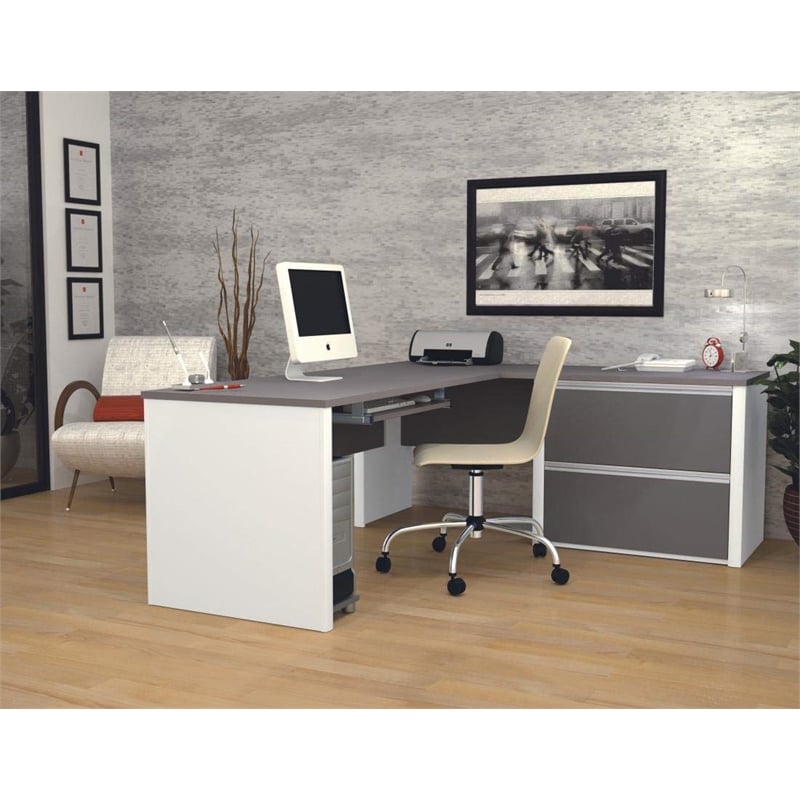 Bestar Connexion L-Shaped Desk with 1 Oversized Pedestal in Sandstone & Slate