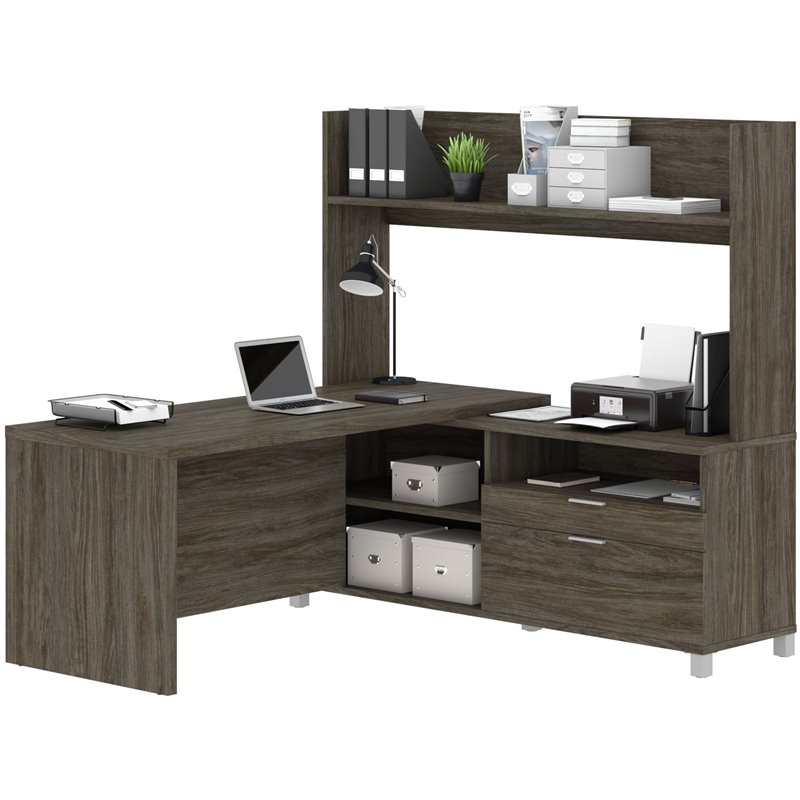 Bestar Pro Linea White L Desk with Open Hutch