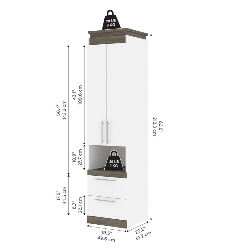 20W Narrow Storage Cabinet with Doors, Drawers and Pull-Out Shelf in White & Walnut Grey by Bestar