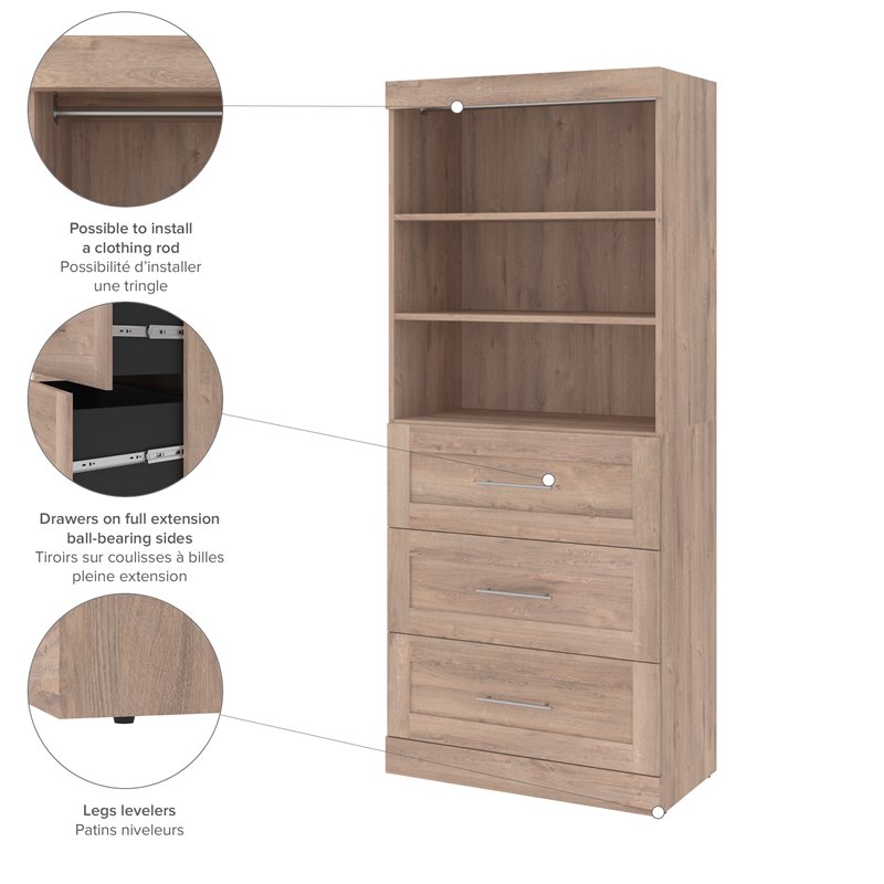 Bestar Pur 36W Closet Organizer with Drawers in Rustic Brown - Engineered Wood