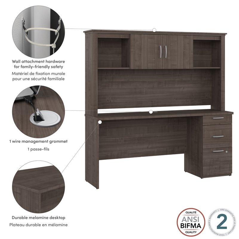 Bestar Logan 65W Computer Desk with Drawers in Medium Gray Maple