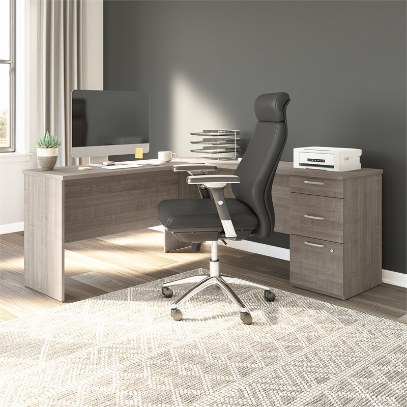 Bestar Logan LShaped Engineered Wood Desk with 3 Drawers in Silver