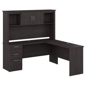 Bestar Logan L-Shaped Engineered Wood Desk with Hutch in Charcoal Maple
