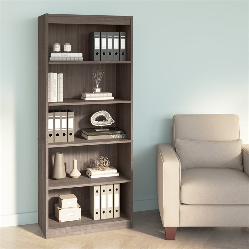 Bestar Ridgeley 5-Shelf Engineered Wood Bookcase in Medium Gray Maple
