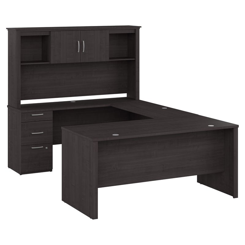Bestar Logan UShaped Engineered Wood Desk with Hutch in Charcoal Maple