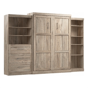 Bestar Pur Queen Murphy Bed with Shelving and Drawers (126W) in Rustic Brown