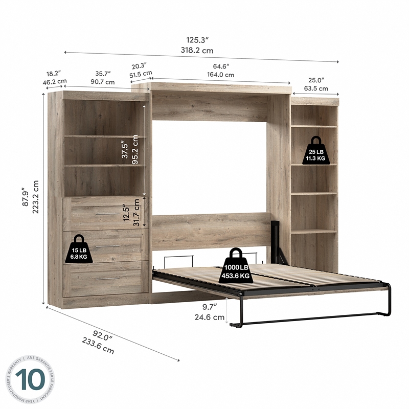 Bestar Pur Queen Murphy Bed with Shelving and Drawers (126W) in Rustic Brown