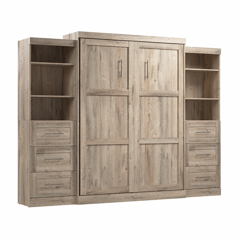 Bestar Pur Queen Murphy Bed and 2 Shelving Units w/Drawers(115W) in Rustic Brown
