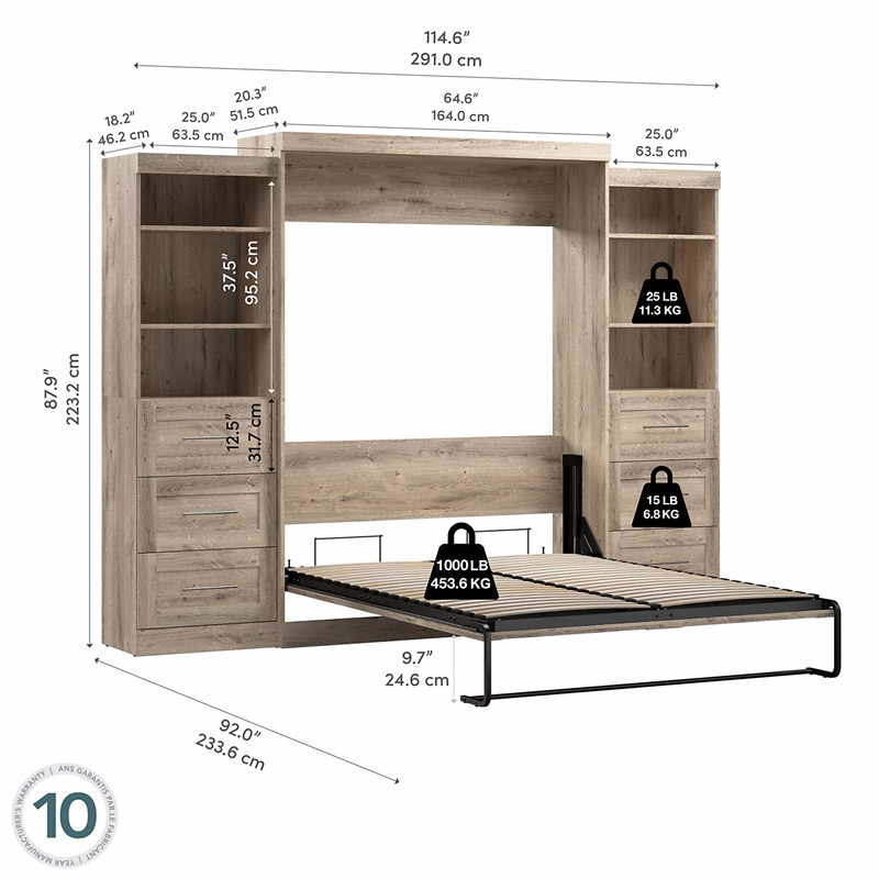 Bestar Pur Queen Murphy Bed and 2 Shelving Units w/Drawers(115W) in Rustic Brown