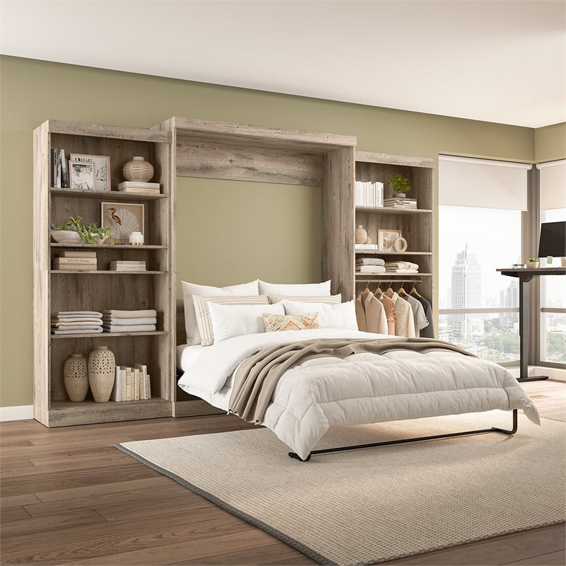 Bestar Pur Queen Murphy Bed with 2 Shelving Units (137W) in Rustic Brown